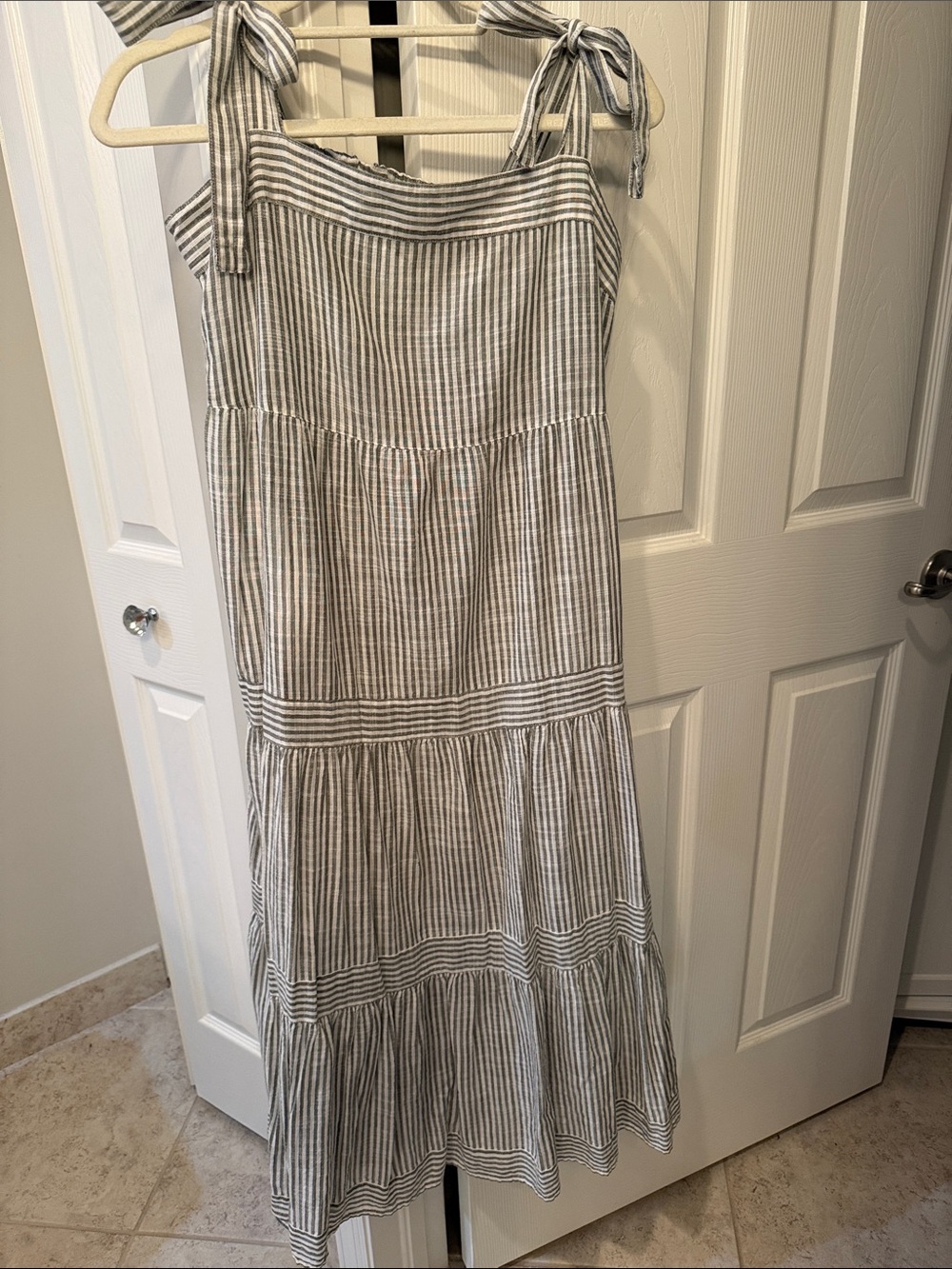 Tie-Shoulder Striped Maxi Dress – White and Greenish.